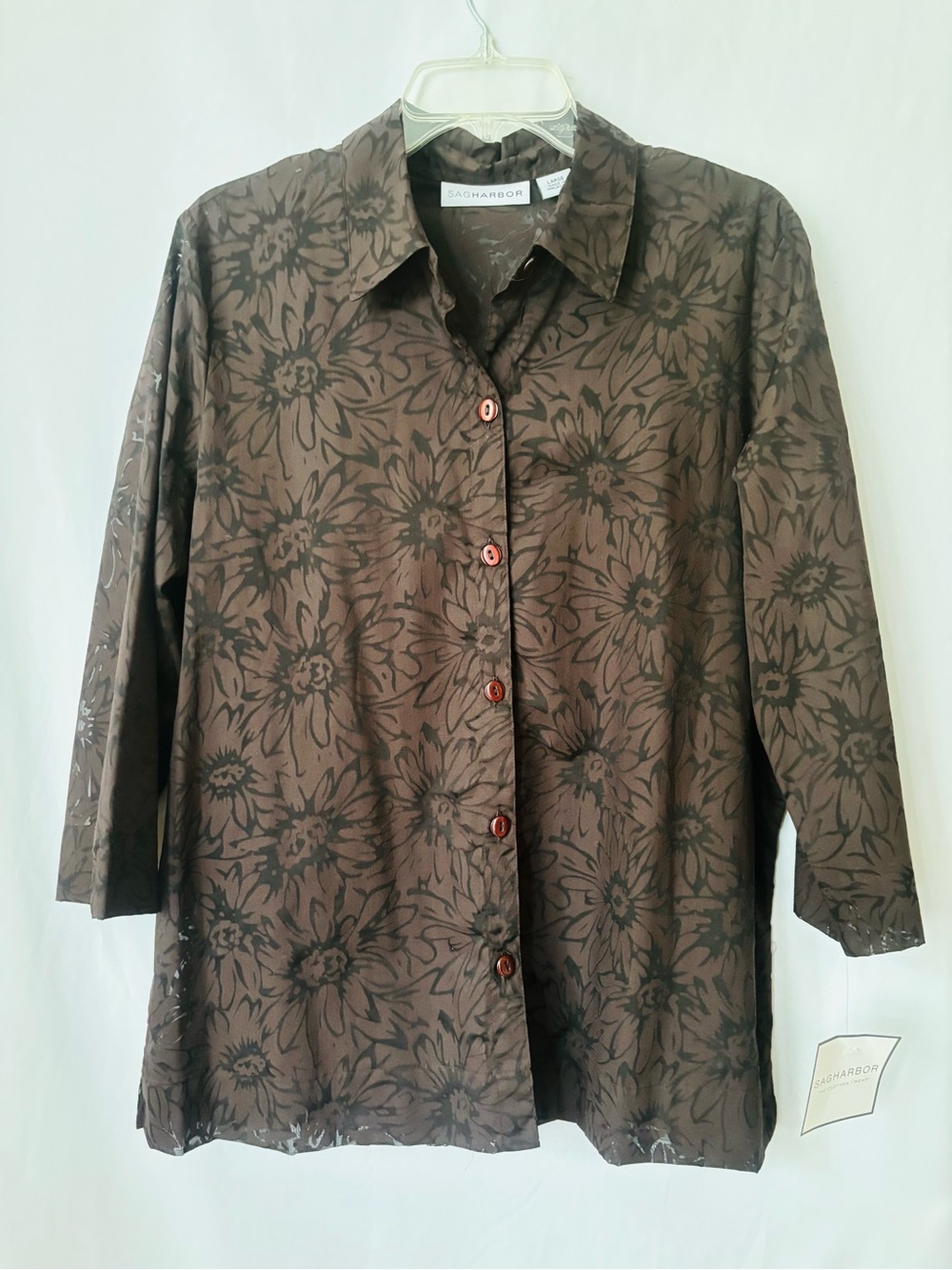 Sheer Floral Button Front Blouse Brown Black 3/4 Sleeve
